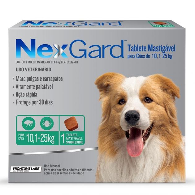 Antipulgas e Carrapatos Merial NexGard 68 mg para Cães de 10,1 a 25 Kg