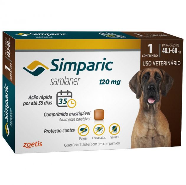 Antipulgas Simparic 120 mg para Cães de 40,1 a 60 Kg - Zoetis