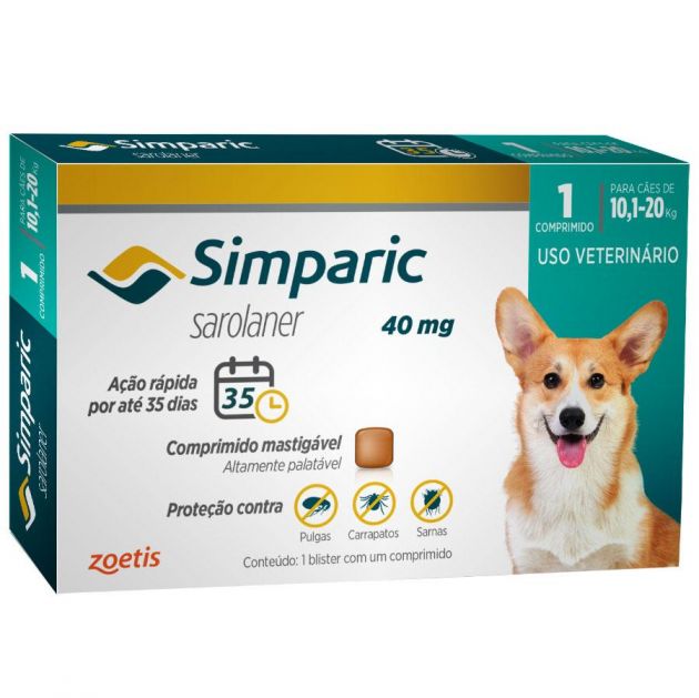 Antipulgas Simparic 40 mg para Cães de 10,1 a 20 Kg - Zoetis