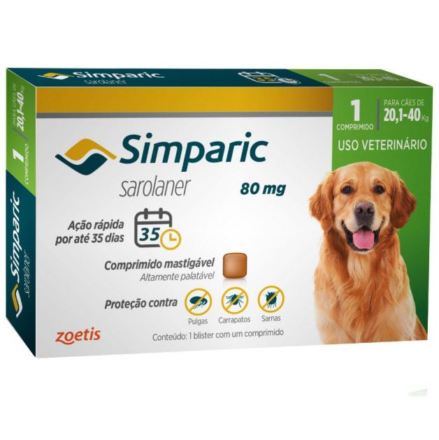 Antipulgas Simparic 80 mg para Cães de 20,1 a 40 Kg - Zoetis